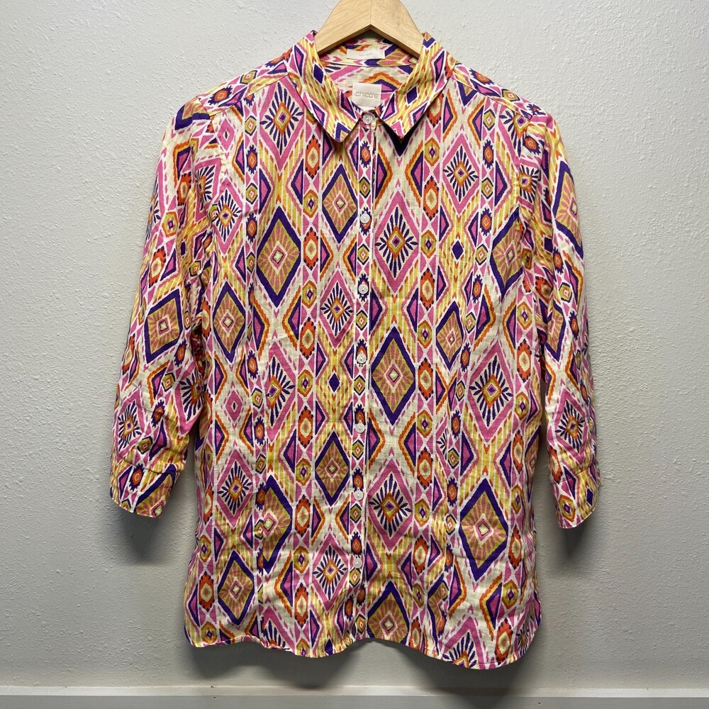 Chico's 100% Linen No-Iron Southwest Pattern Button Up Shirt Sz 8-10 (Chicos 1)